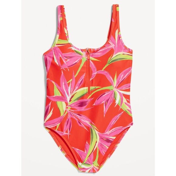 Old Navy Womens Red Floral Half Zip One Piece Swimsuit sz L Vacation Beach‎ - Picture 3 of 7